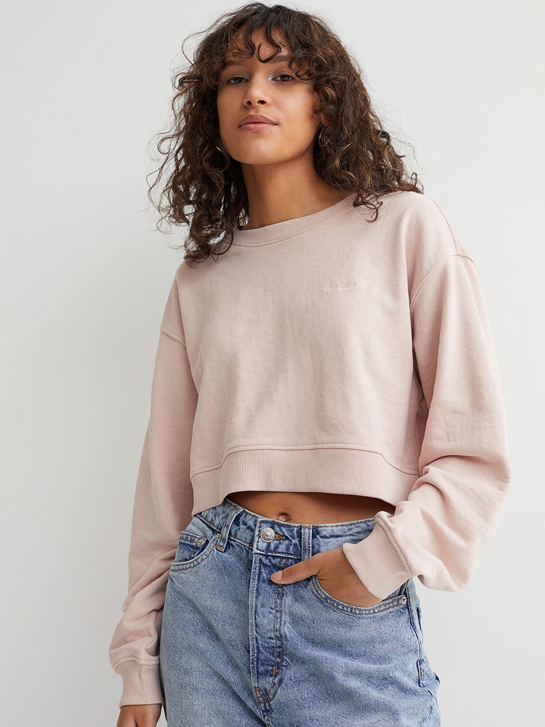 

H&M Women Pink Solid Cropped Sweatshirt