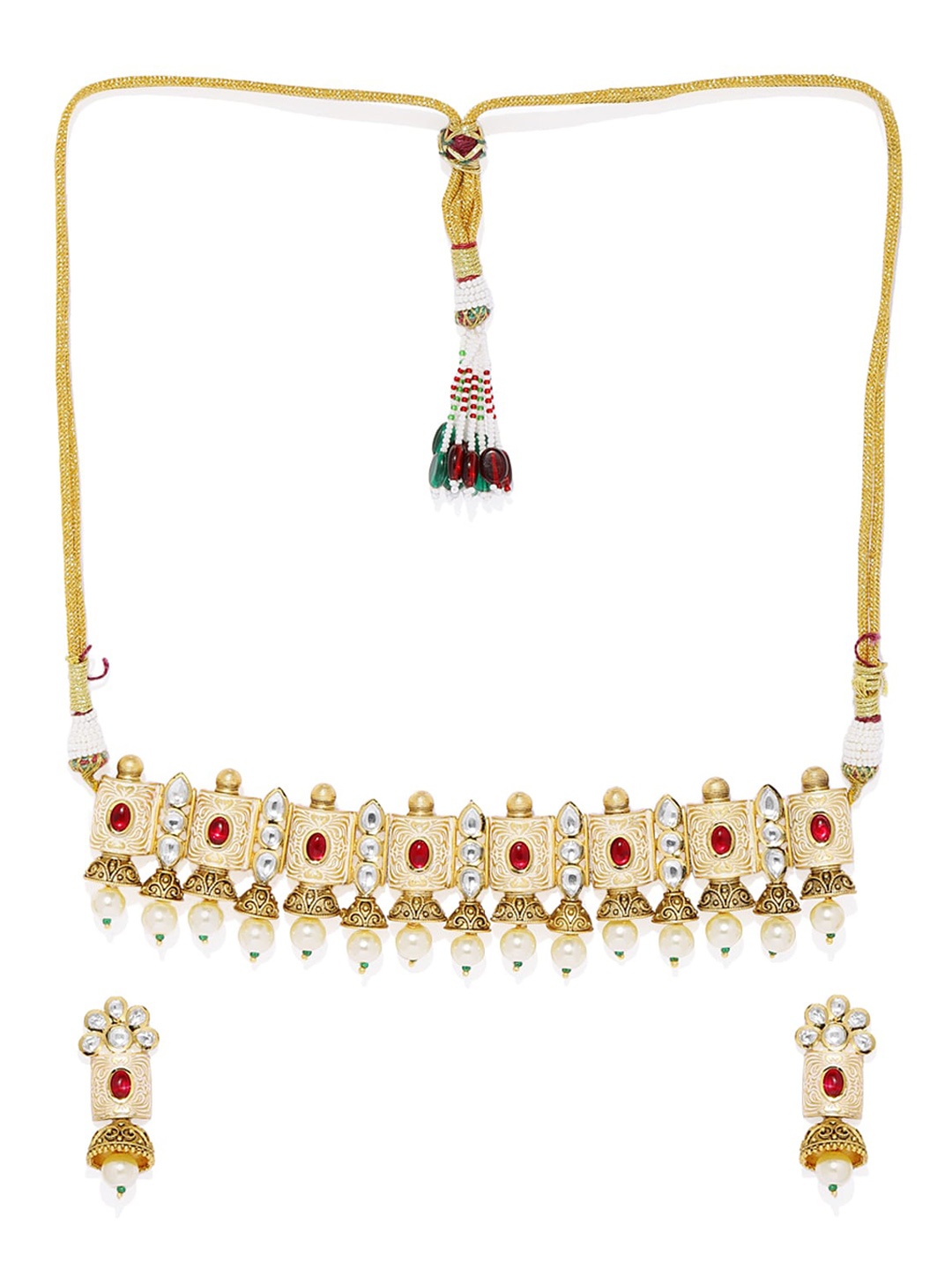 

AccessHer Women Gold-Plated & Off-White Kundan and Enamel Embellished Jewellery Set