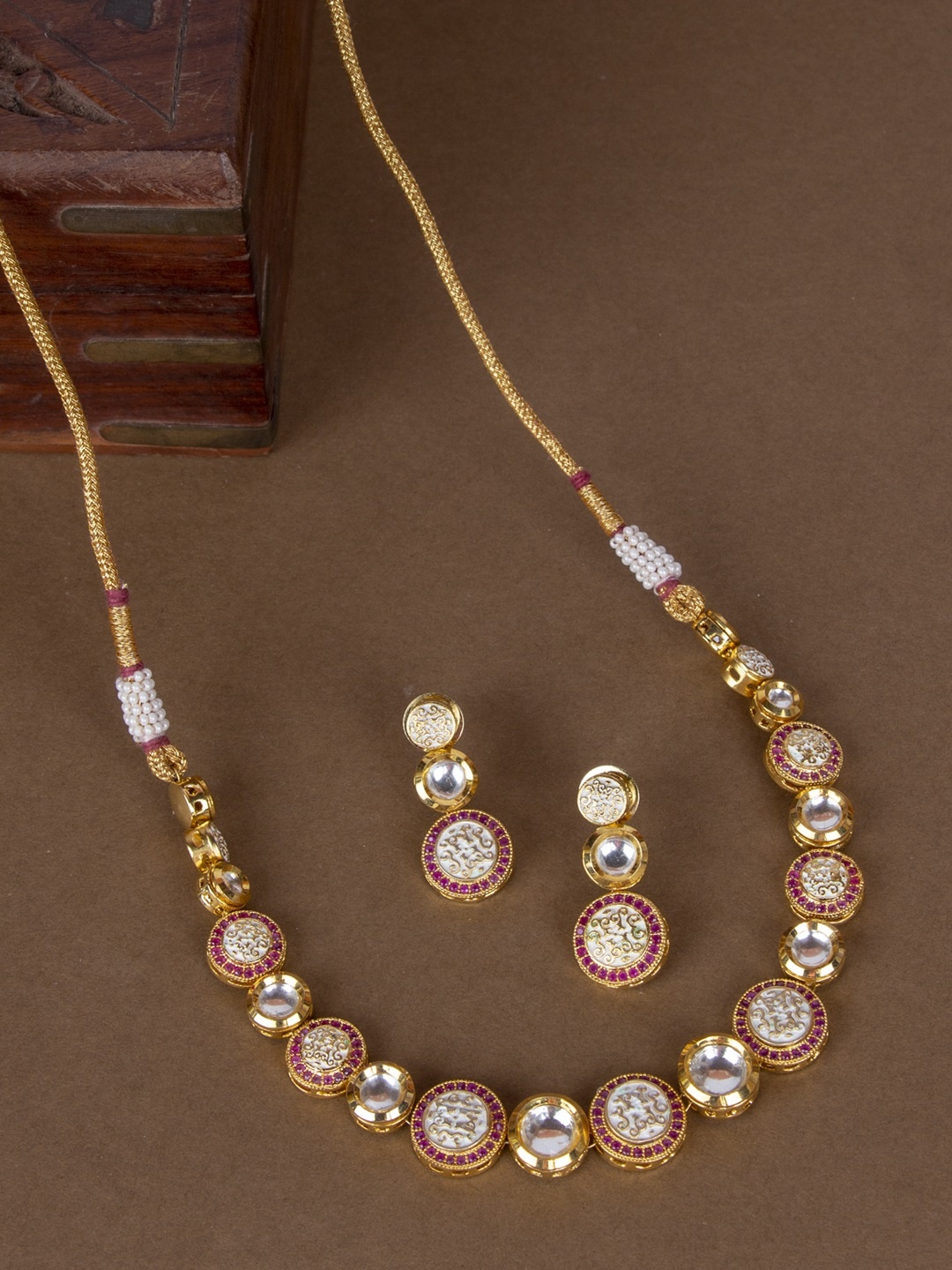 

AccessHer Gold-Toned & Pink Kundan-Studded Jewellery Set