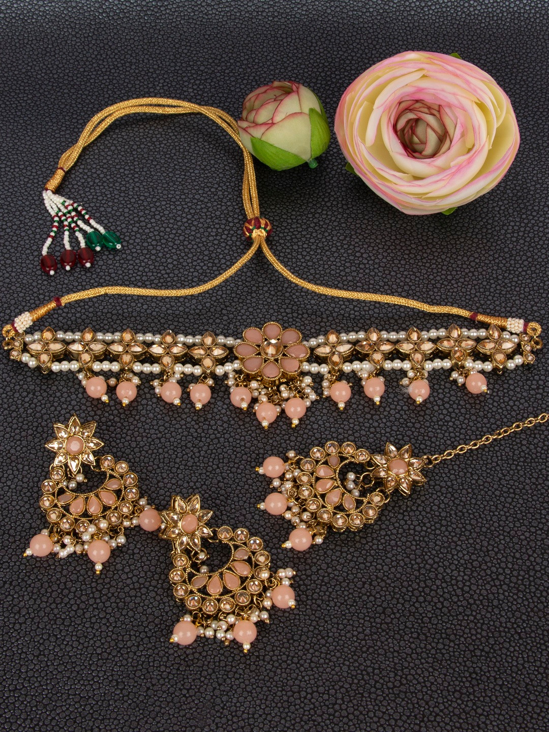 

AccessHer Brass-Plated & Pink Stone-Studded Beaded Jewellery Set, Gold