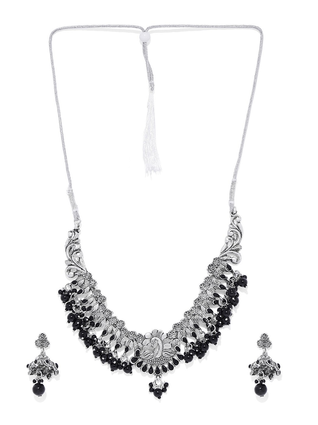

AccessHer Oxidised Silver-Toned & Black Stone-Studded & Beaded Jewellery Set