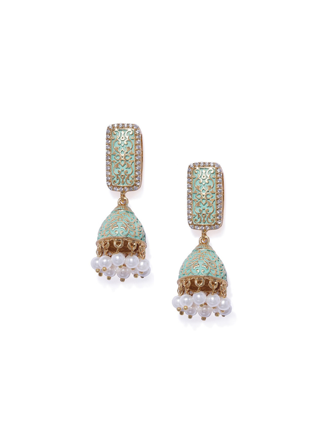 

AccessHer Gold-Plated Gold-Toned & Turquoise Blue Contemporary Jhumkas Earrings