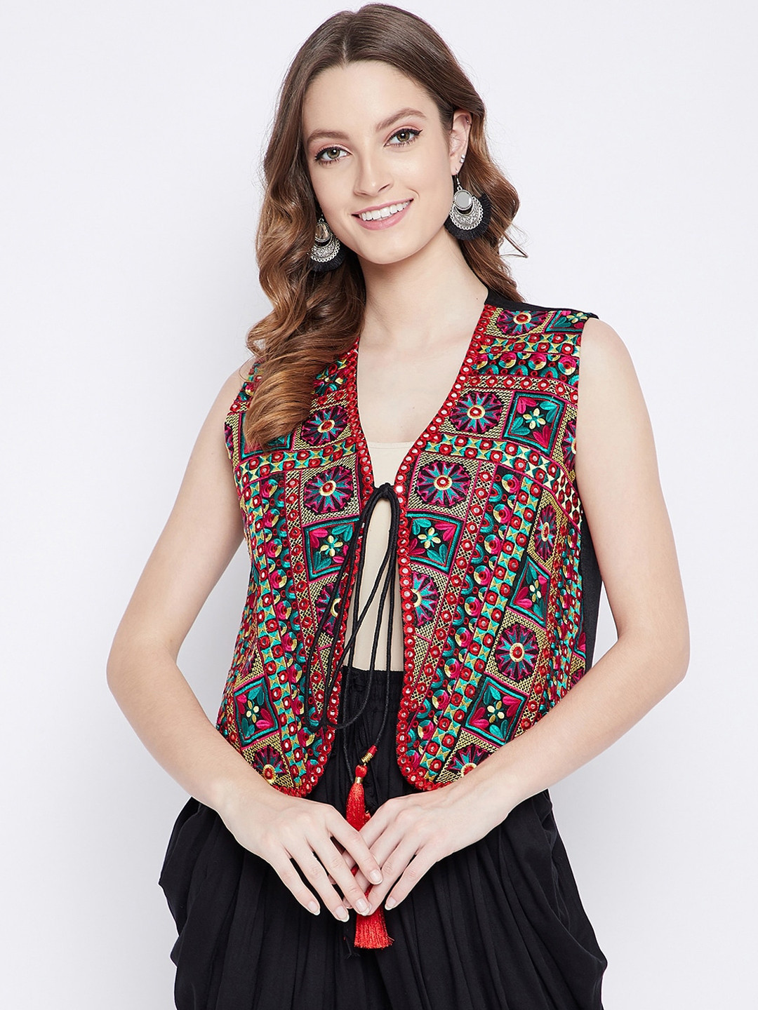 

TULIP 21 Women Black Red Geometric Lightweight Crop Tailored Jacket with Embroidered