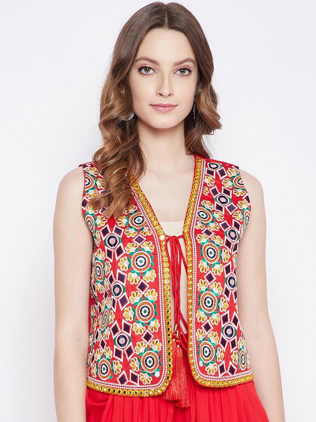 

TULIP 21 Women Red Phulkari Embroidered Crop Open Front Ethnic Jacket