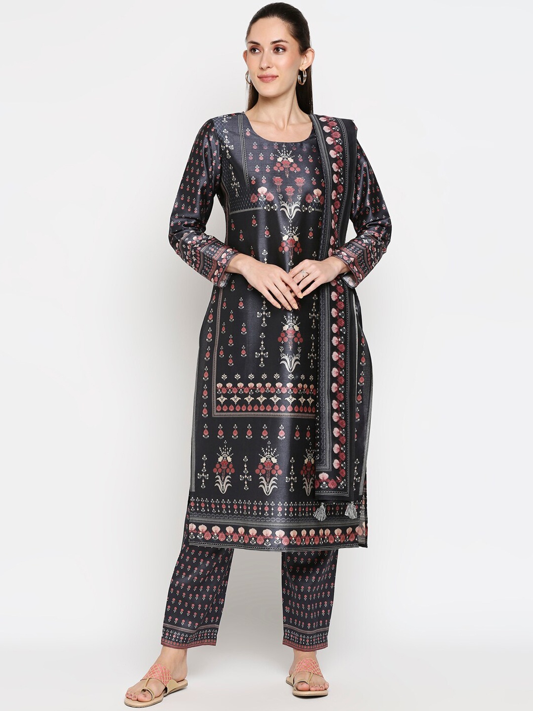 

ZRI Women Black Floral Printed Panelled Kurta with Skirt & With Dupatta