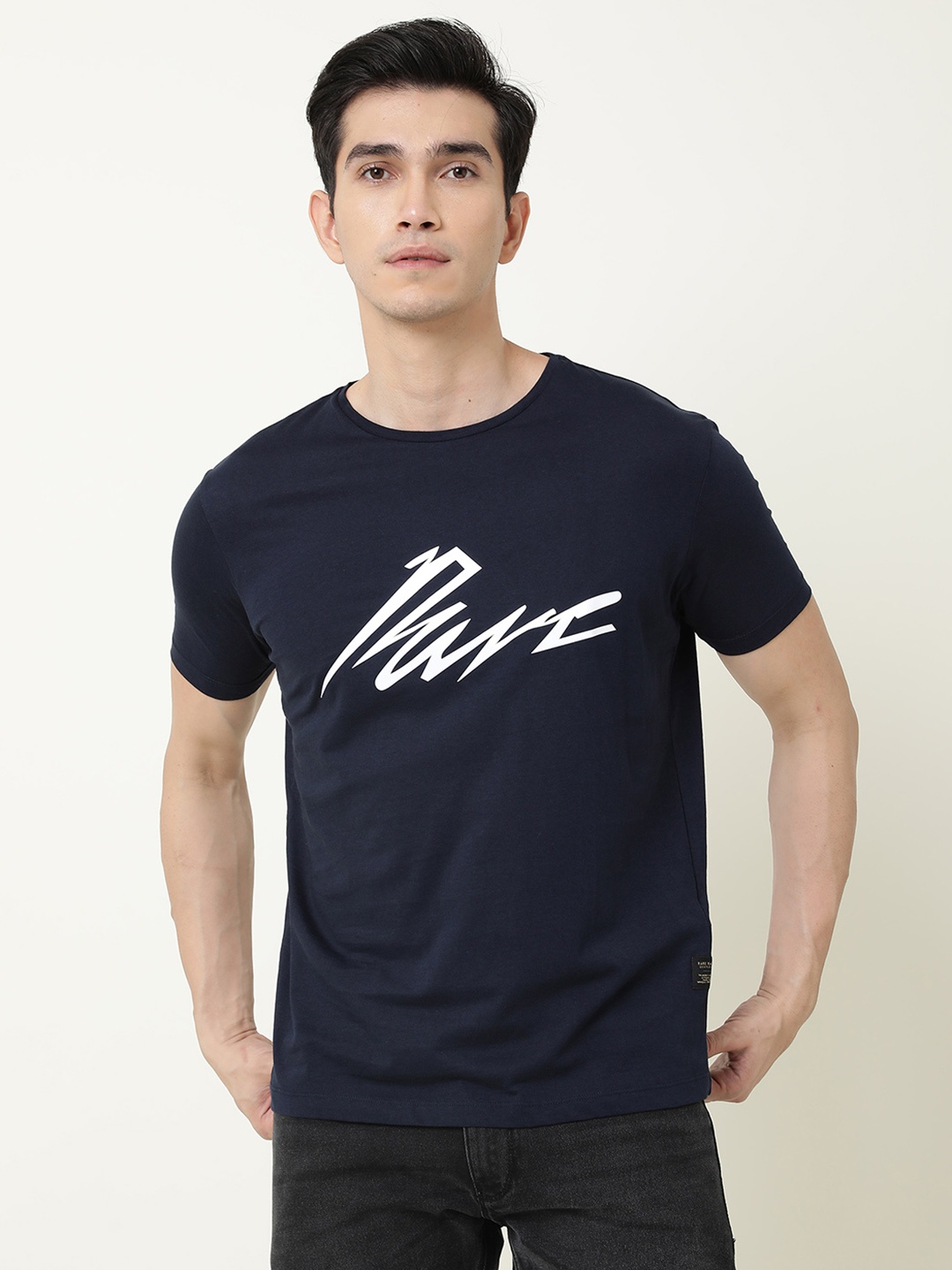 

RARE RABBIT Men Nik Slim Fit Typography Printed T-Shirt, Navy blue