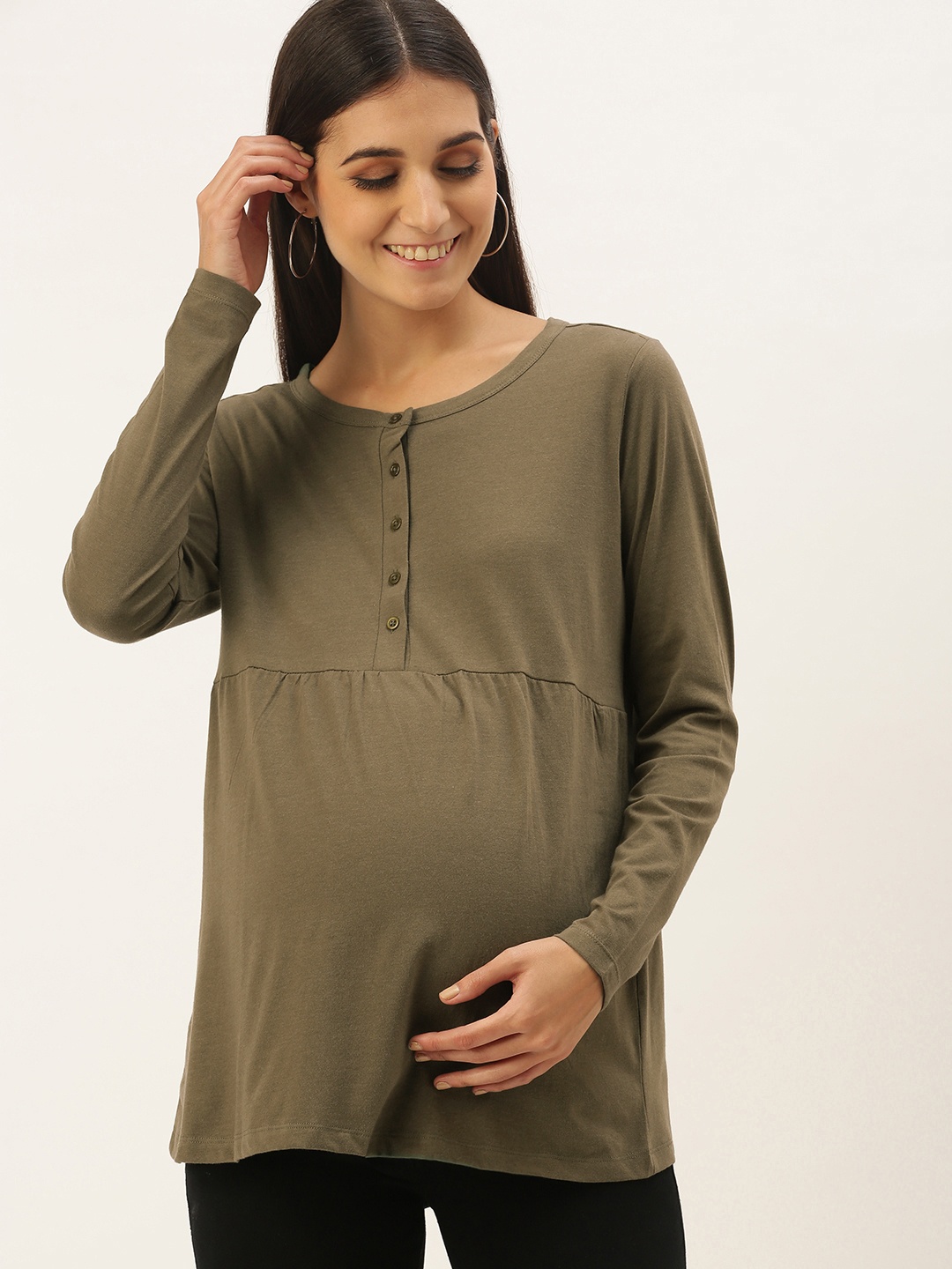 

Nejo Women Olive Green Cotton Solid Maternity & Nursing Sleep Top