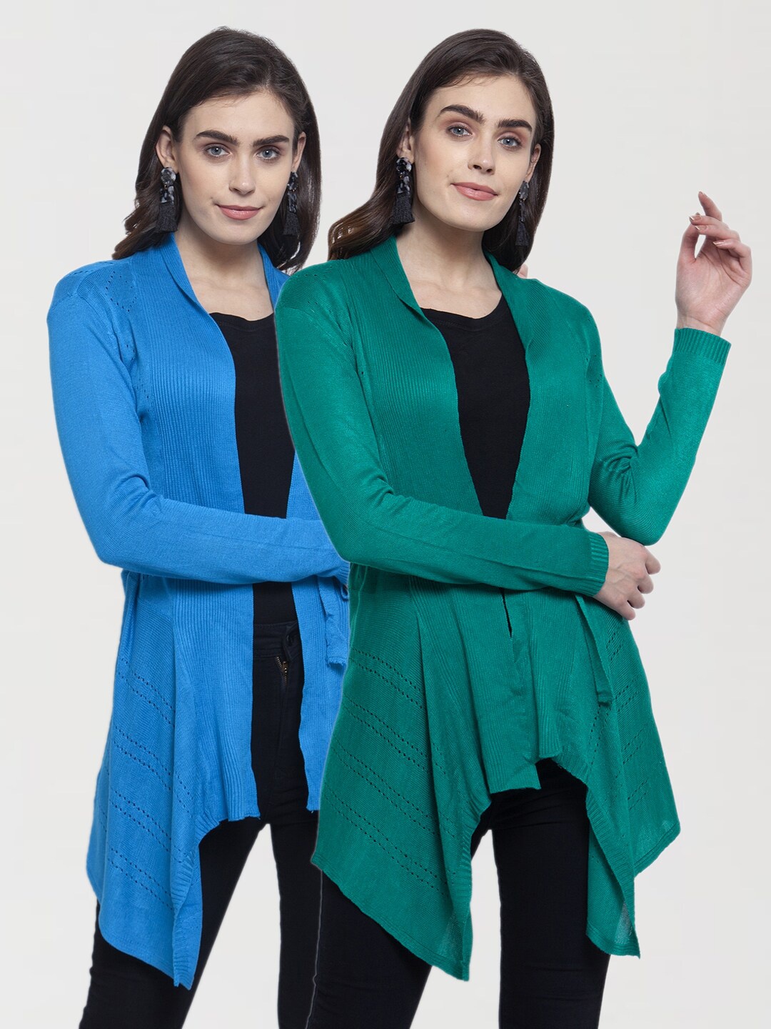 

KLOTTHE Women Pack of 2 Blue & Green Self Design Shrugs