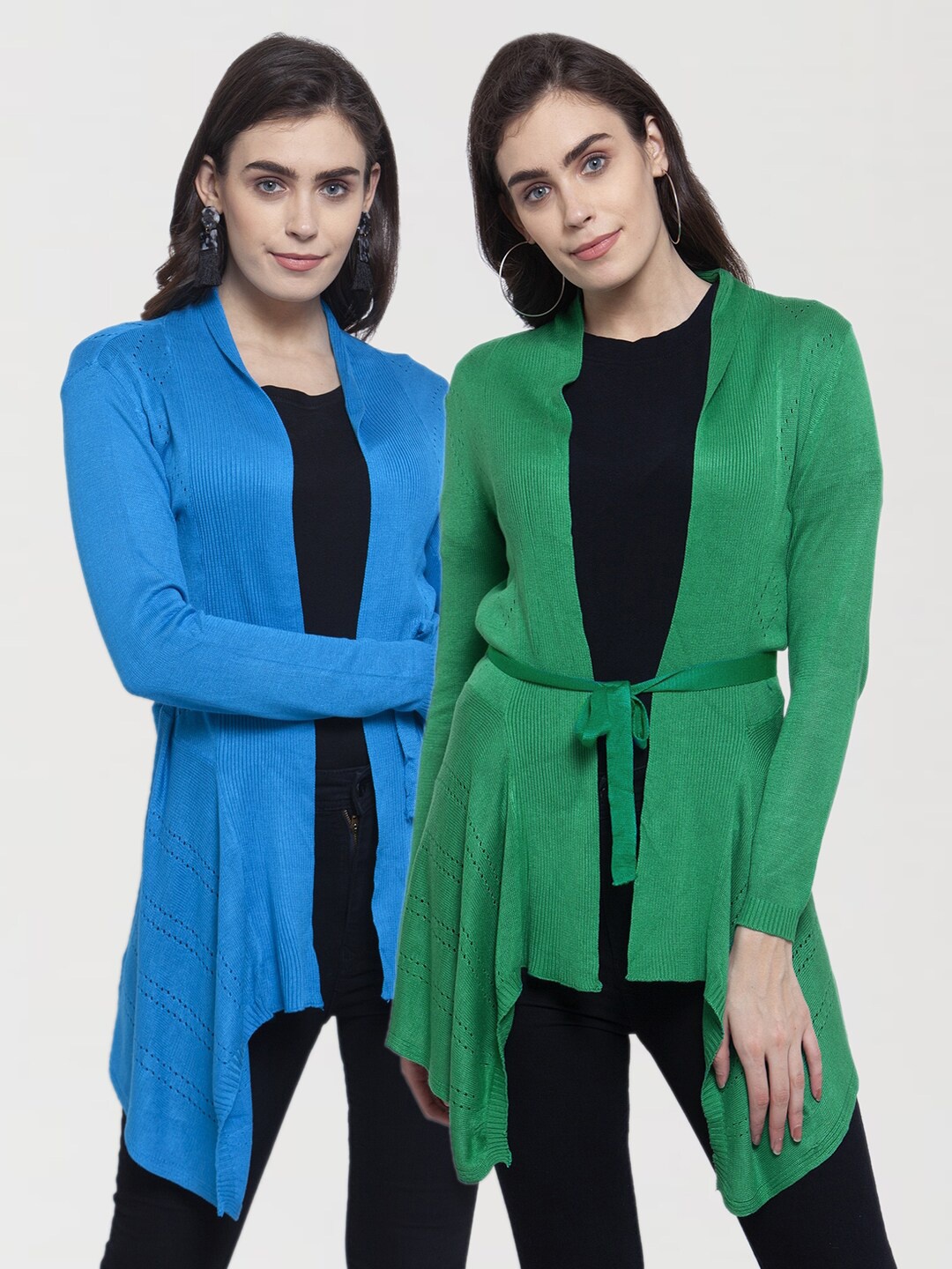 

KLOTTHE Women Pack of 2 Blue & Green Self Design Tie-Up Shrug