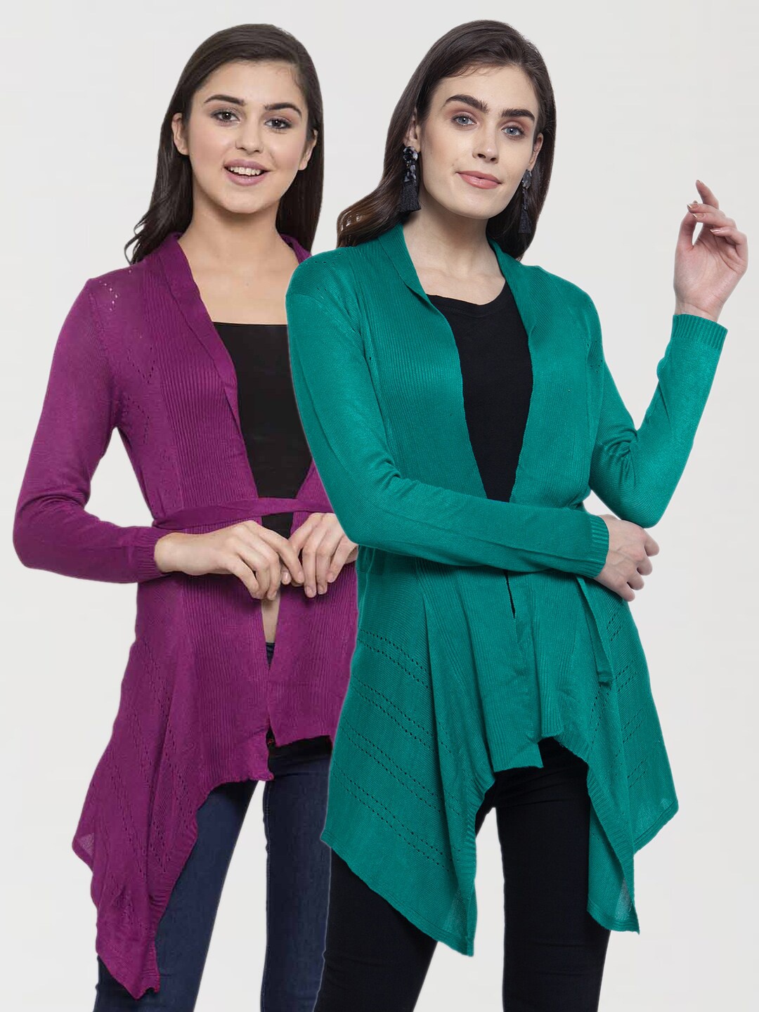 

KLOTTHE Women Set Of 2 Purple & Green Solid Tie-Up Shrugs