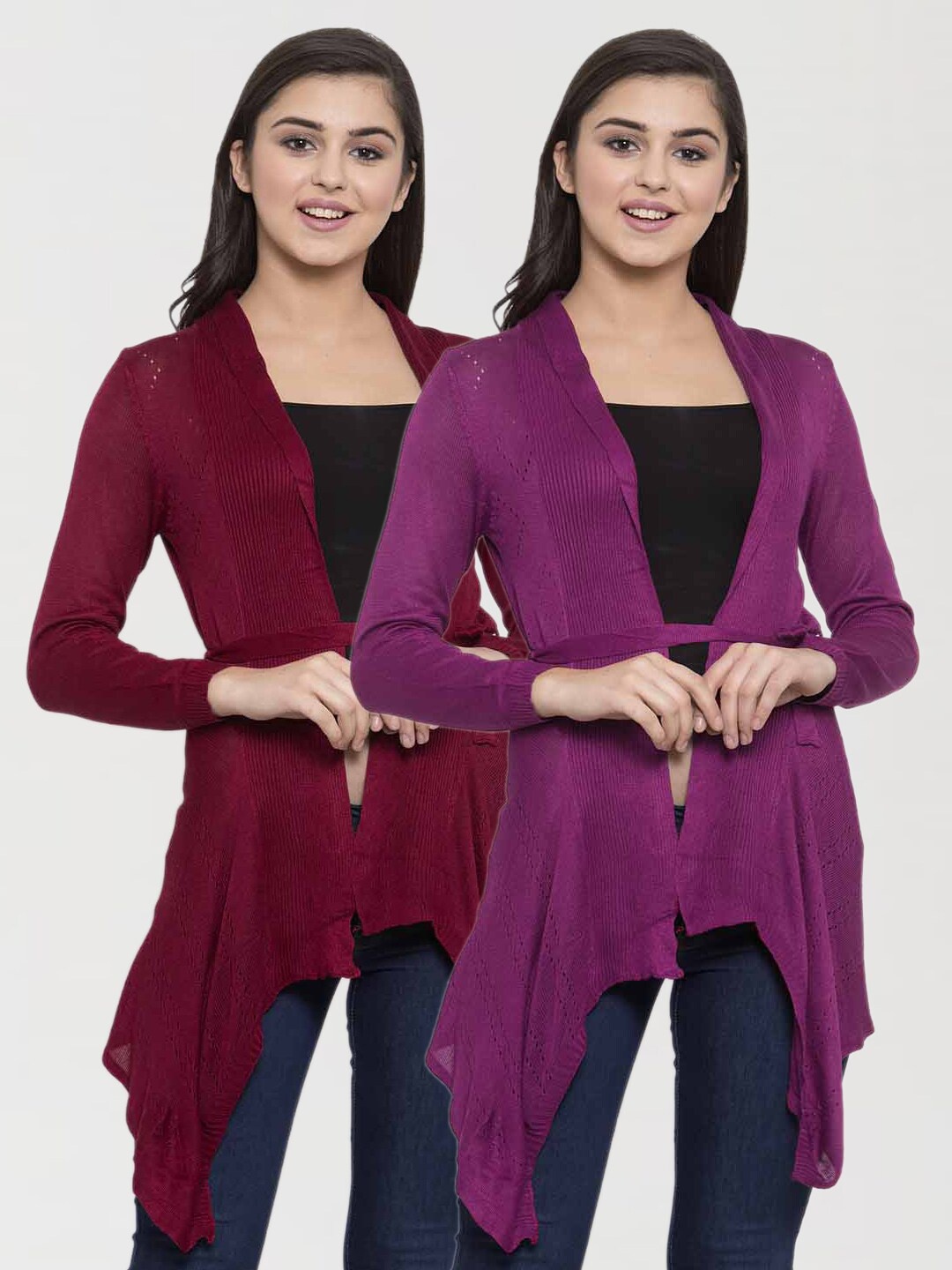 

KLOTTHE Women Pack of 2 Purple & Maroon Self Design Casual Tie-Up Shrugs