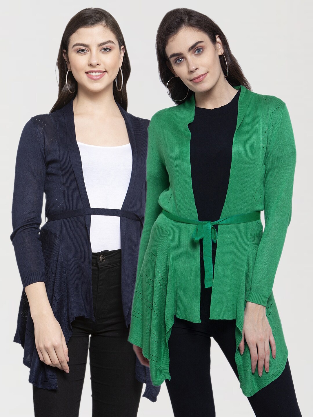 

KLOTTHE Women Set of 2 Green & Navy Blue Tie-Up Shrugs