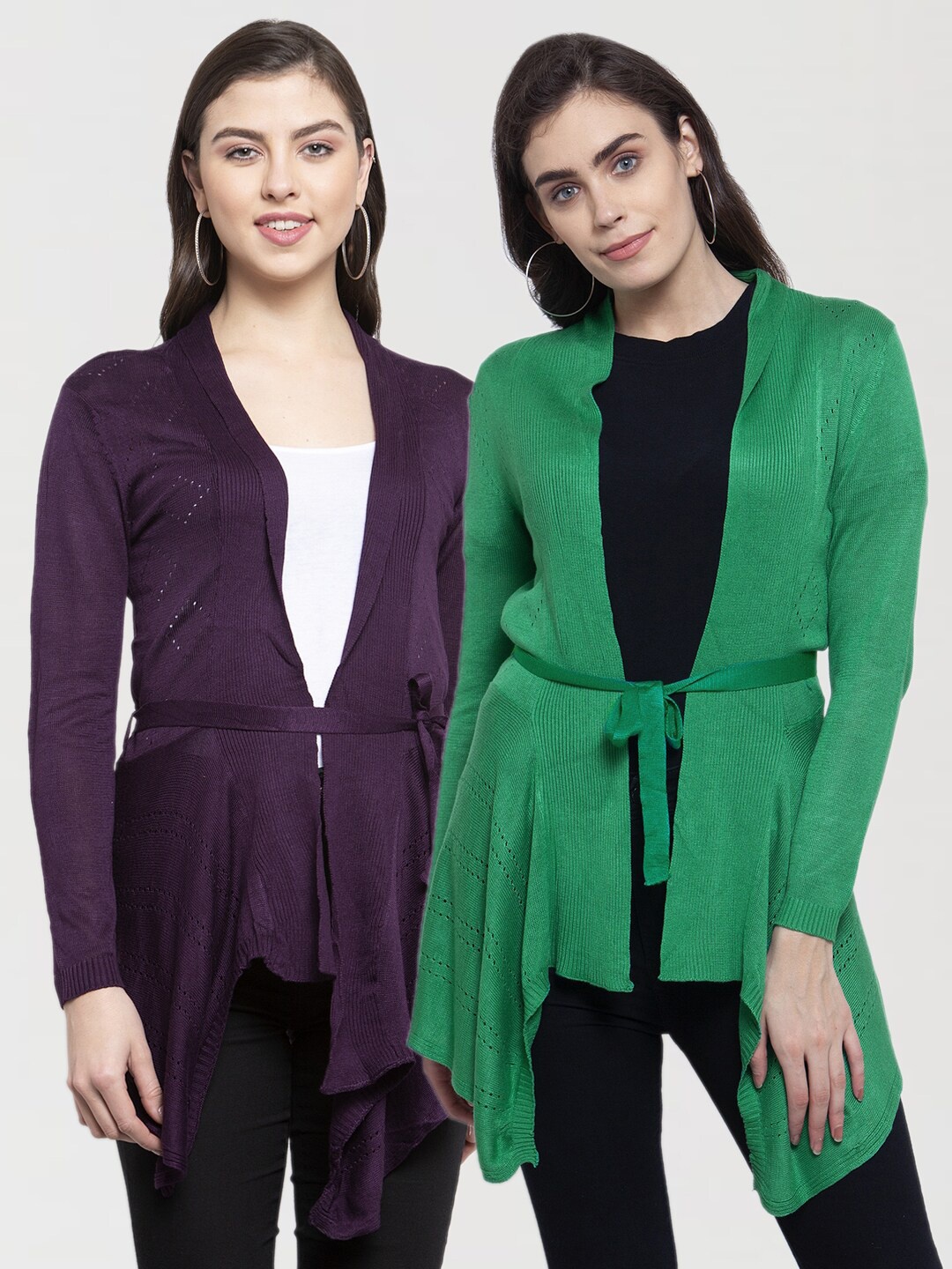 

KLOTTHE Women Pack of 2 Violet & Purple Self Design Casual Tie-Up Shrugs