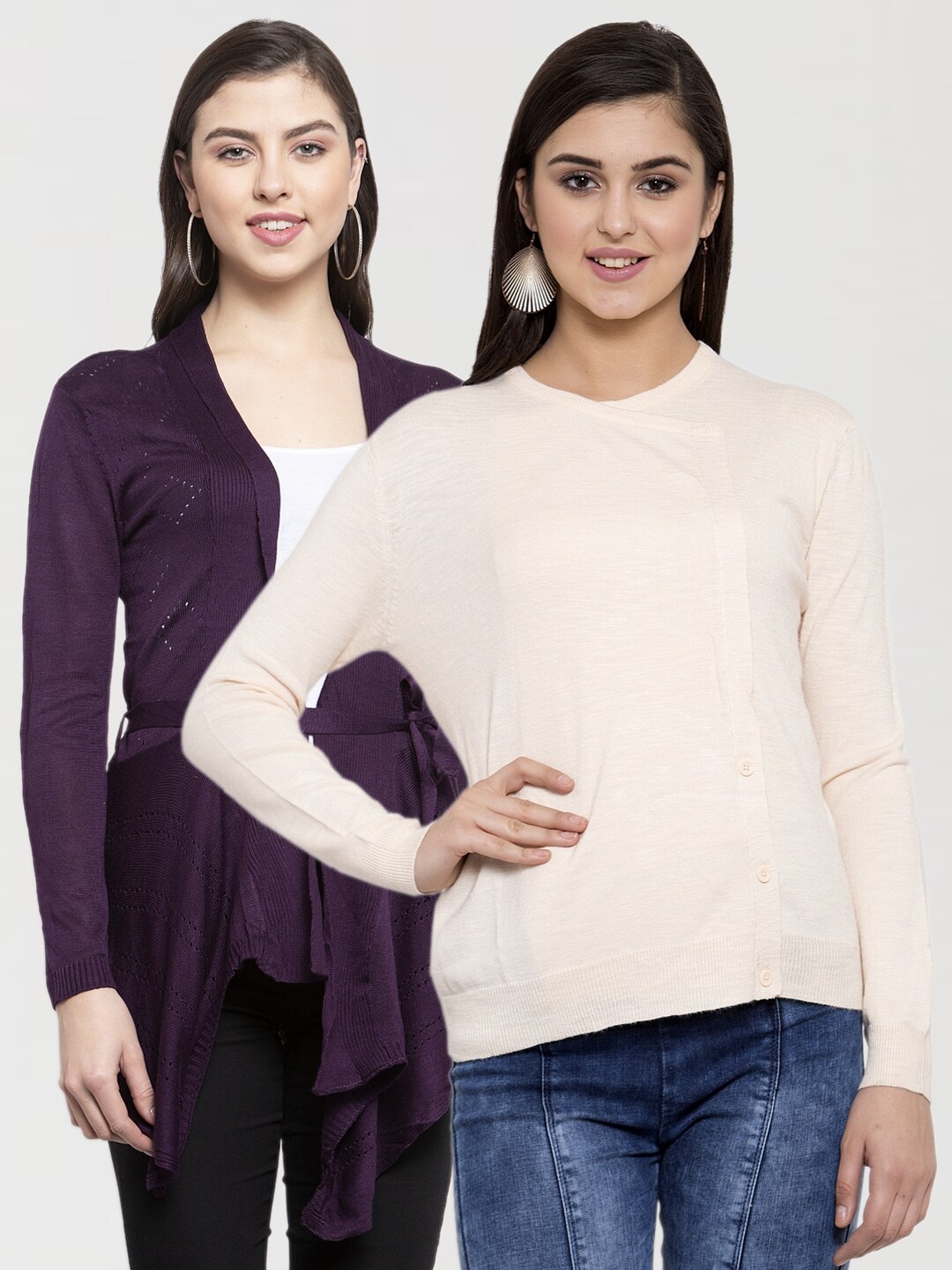 

KLOTTHE Women Set of 2 Beige & Purple Tie-Up Shrugs