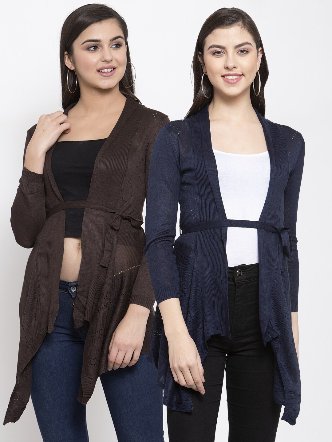 

KLOTTHE Women Pack Of 2 Navy Blue & Brown Tie-Up Shrugs