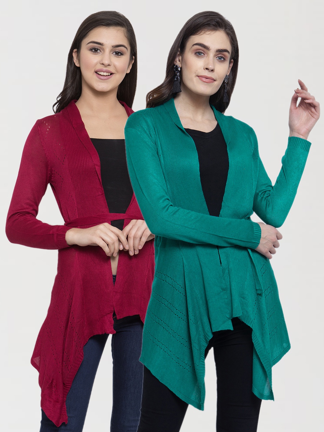 

KLOTTHE Women Pack Of 2 Green & Maroon Tie-Up Shrugs