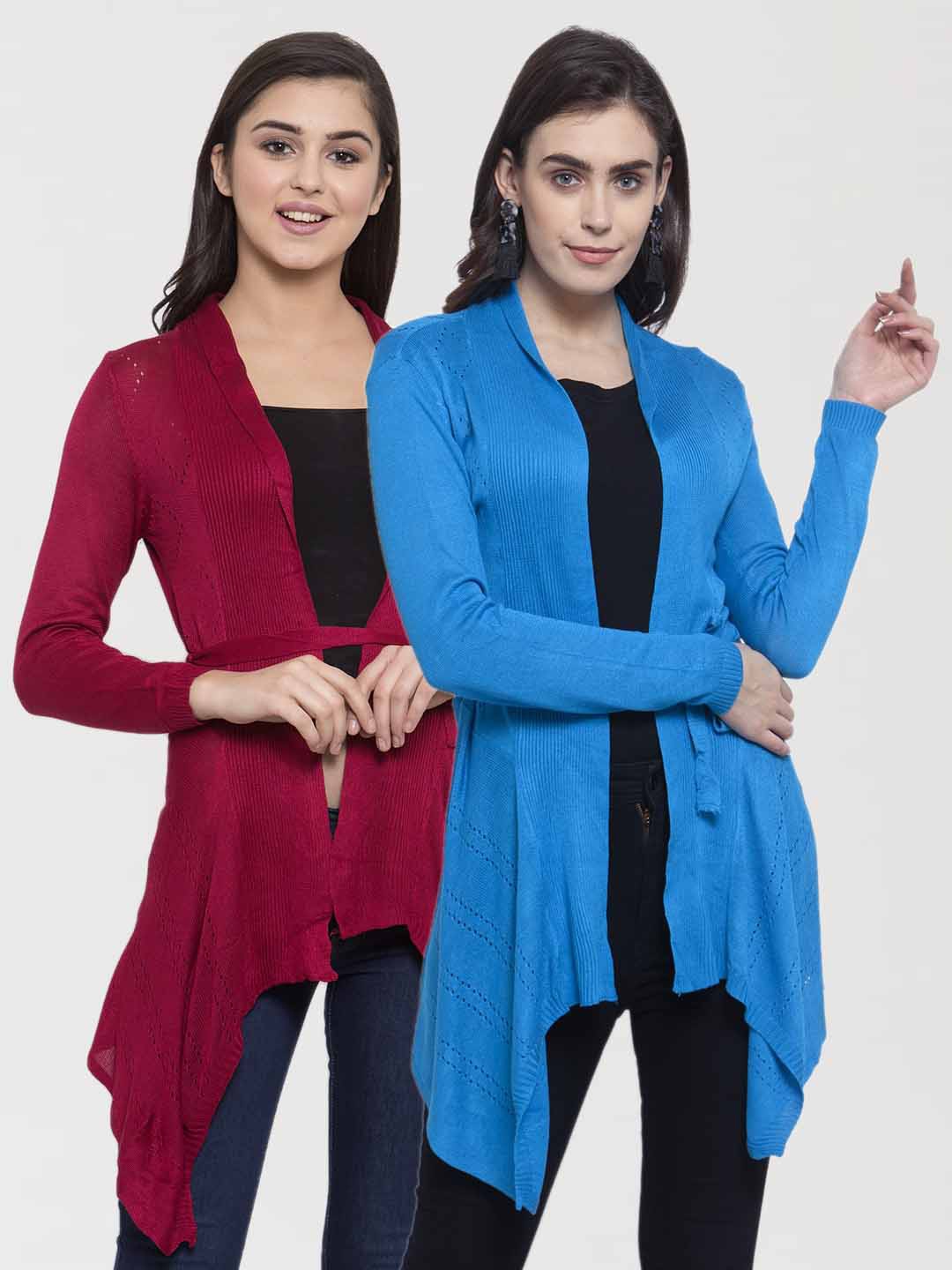 

KLOTTHE Women Set of 2 Blue & Maroon Self Design Shrugs