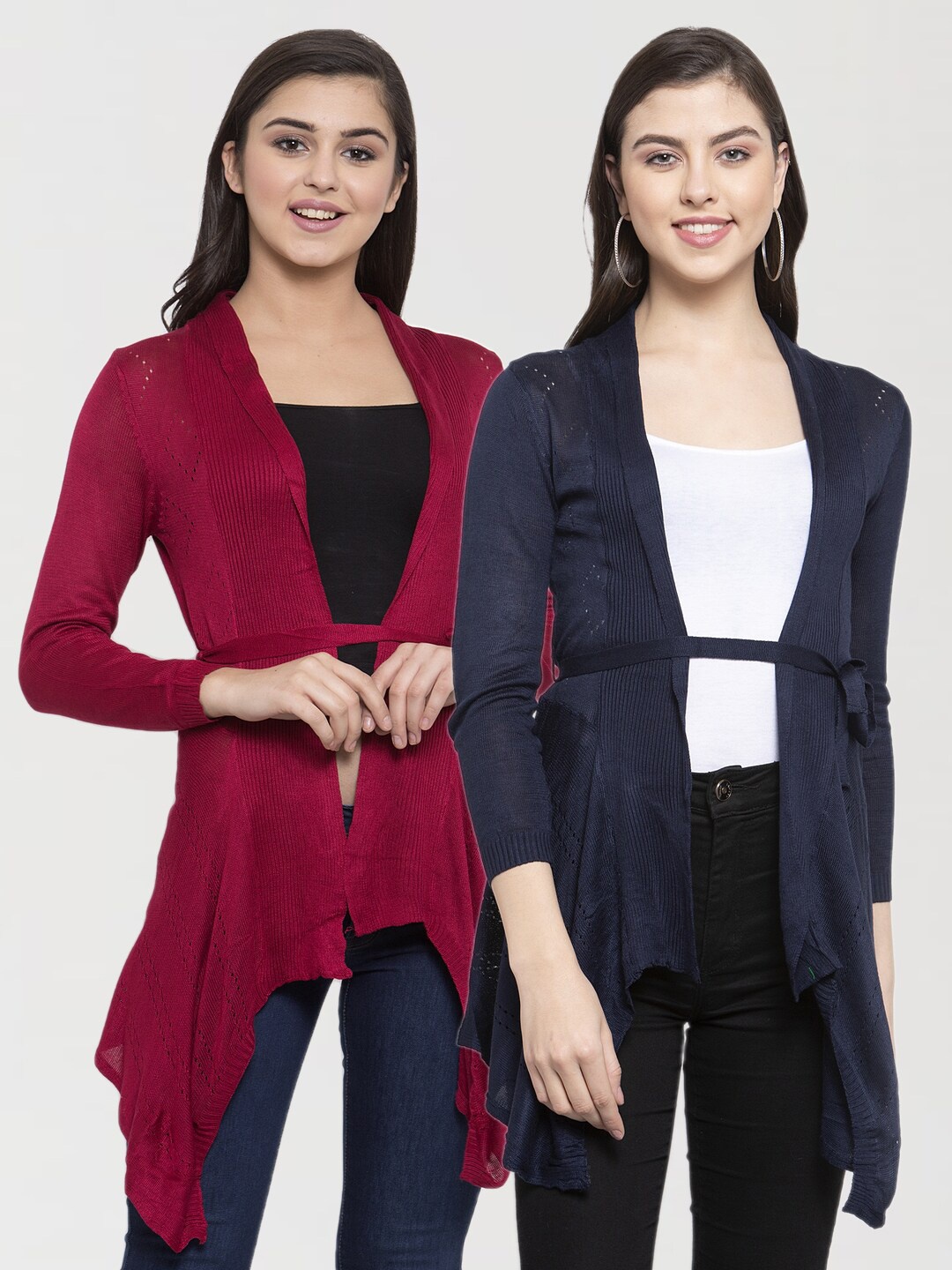

KLOTTHE Women Blue & Maroon Set of 2 Tie-Up Shrug