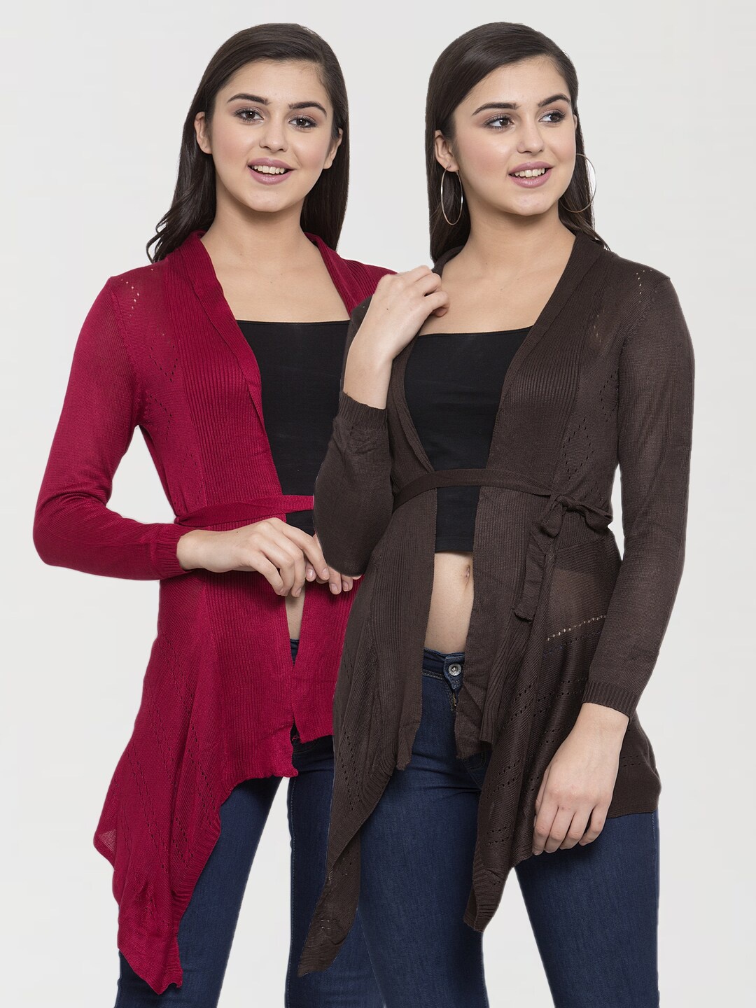 

KLOTTHE Women Pack of 2 Charcoal & Pink Casual Tie-Up Shrug