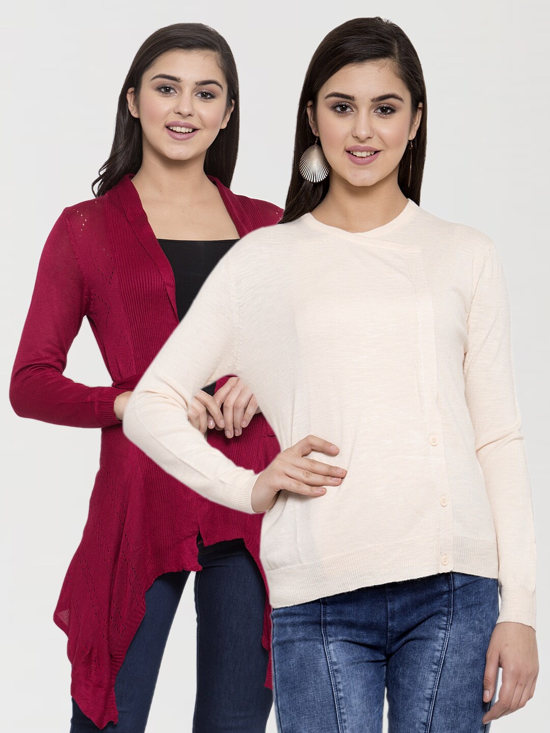 

KLOTTHE Pack Of 2 Women Beige & Red Tie-Up Shrug