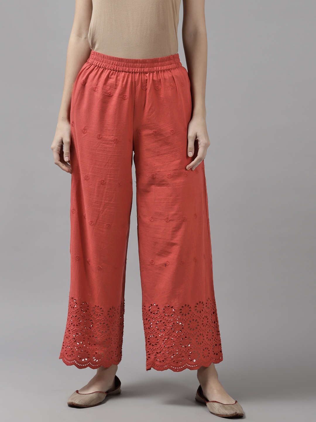 

Amirah s Women Maroon Ethnic Motifs Embroidered Schiffli Palazzos