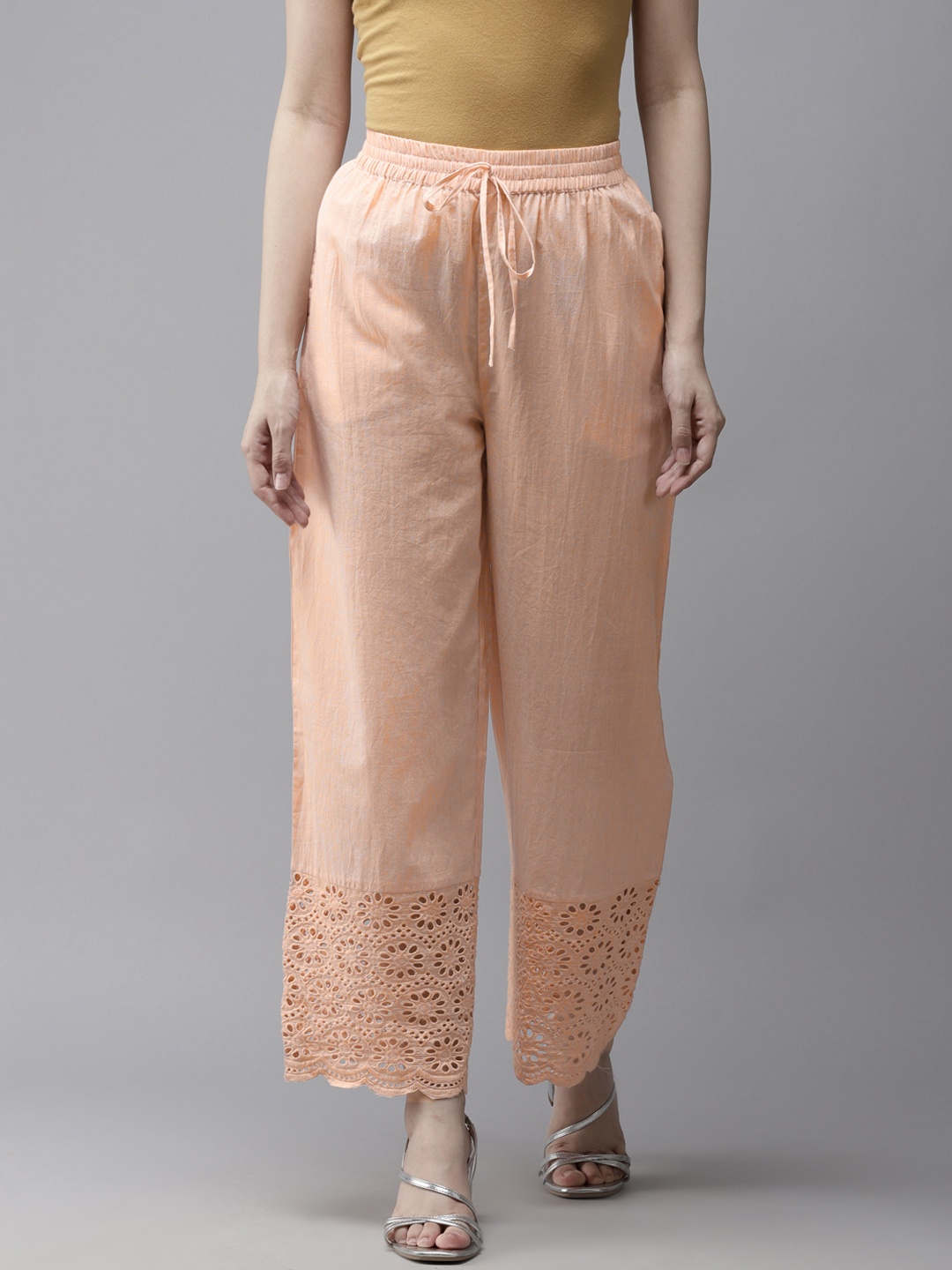 

Amirah s Women Peach-Coloured Pure Cotton Schiffli Embroidered Hem Design Palazzos, Pink