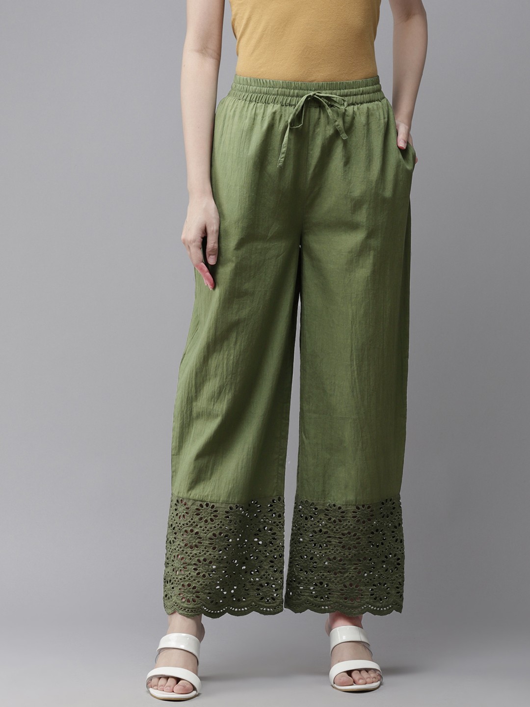 

Amirah s Women Olive Green Pure Cotton Schiffli Embroidered Hem Design Palazzos