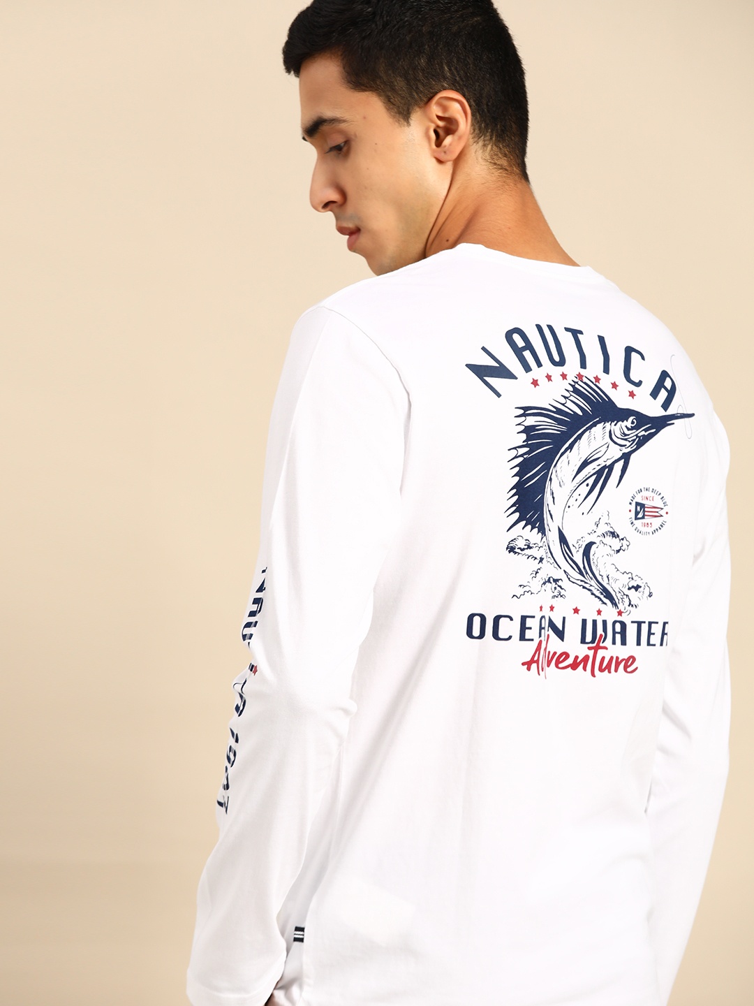 

Nautica Men White Brand Logo Print Round Neck Pure Cotton T-shirt