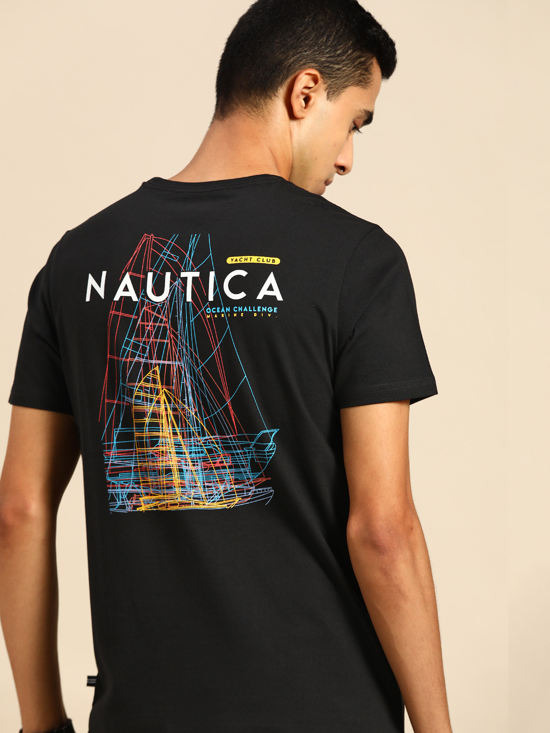 

Nautica Men Black Brand Logo Print Round Neck Pure Cotton T-shirt
