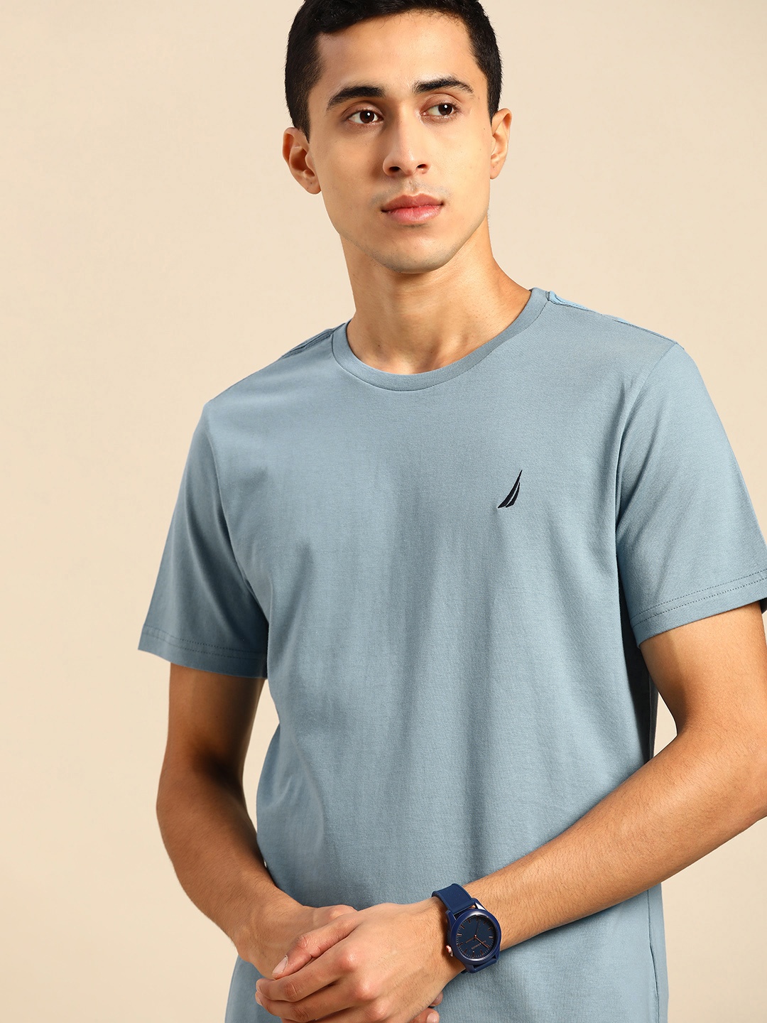 

Nautica Men Blue Solid Round Neck Pure Cotton T-shirt