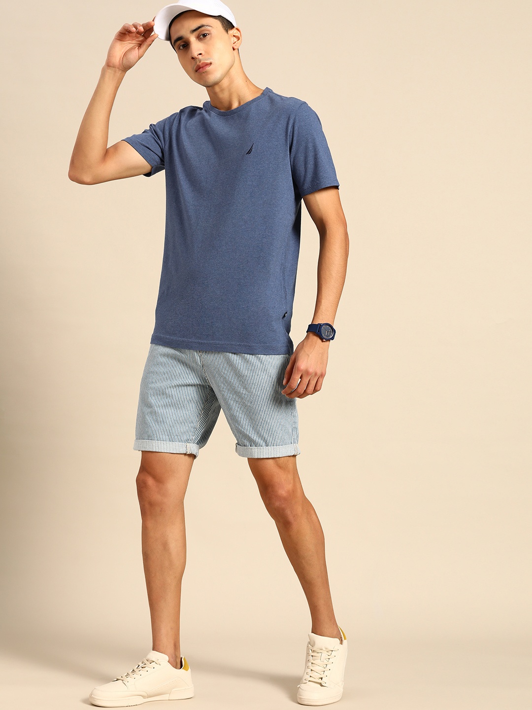 

Nautica Men Blue Solid Round Neck Embroidered Pure Cotton T-shirt