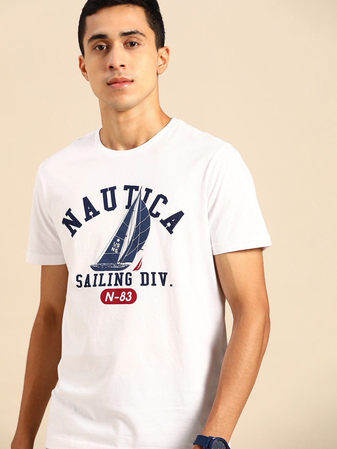 

Nautica Men White & Navy Blue Brand Logo Print Round Neck Pure Cotton T-shirt
