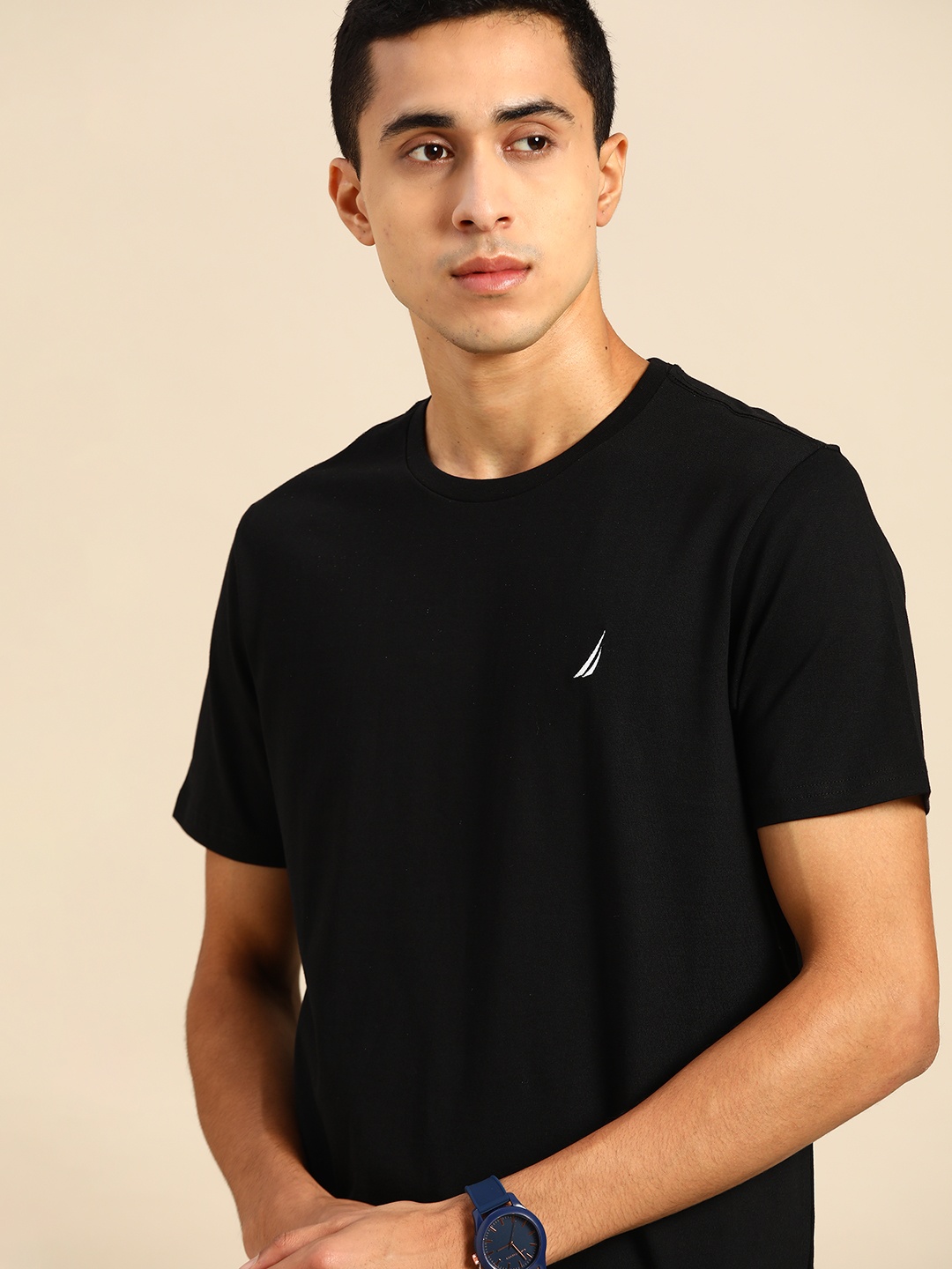 

Nautica Men Black Solid Round Neck Regular Sleeves Embroidered Pure Cotton T-shirt