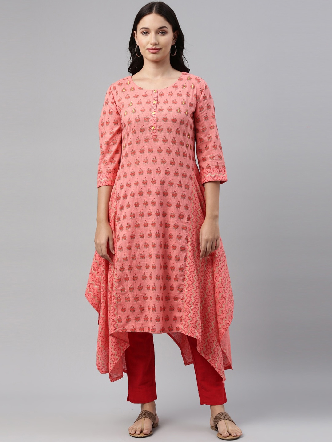 

Neerus Women Coral Floral Printed Floral Kurta