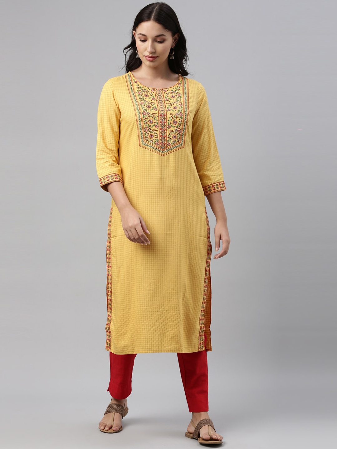 

Neerus Women Yellow & Red Floral Yoke Design Thread Work Floral Kurta