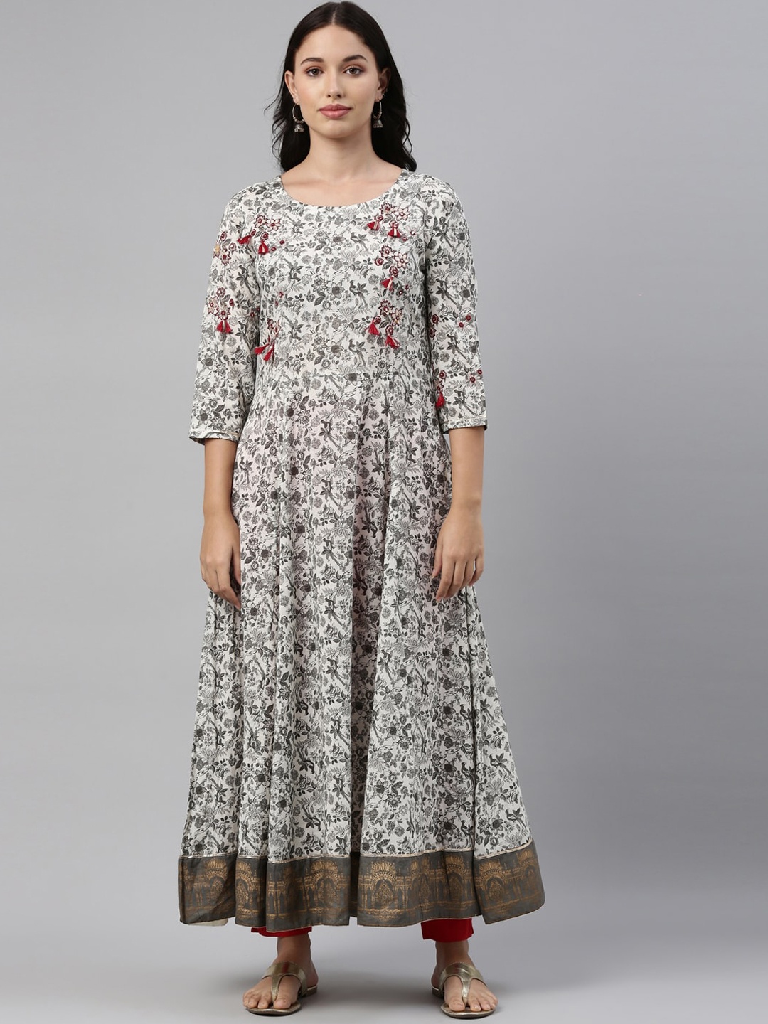 

Neerus Women White & Grey Ethnic Motifs Printed Thread Work Anarkali Kurta