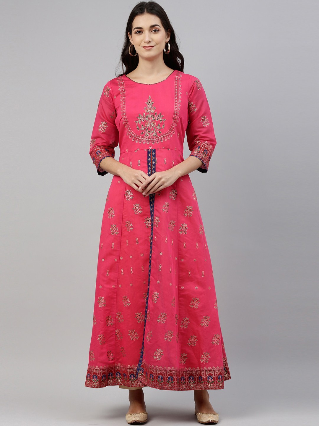 

Neerus Women Pink & Blue Ethnic Motifs Printed Thread Work Anarkali Kurta