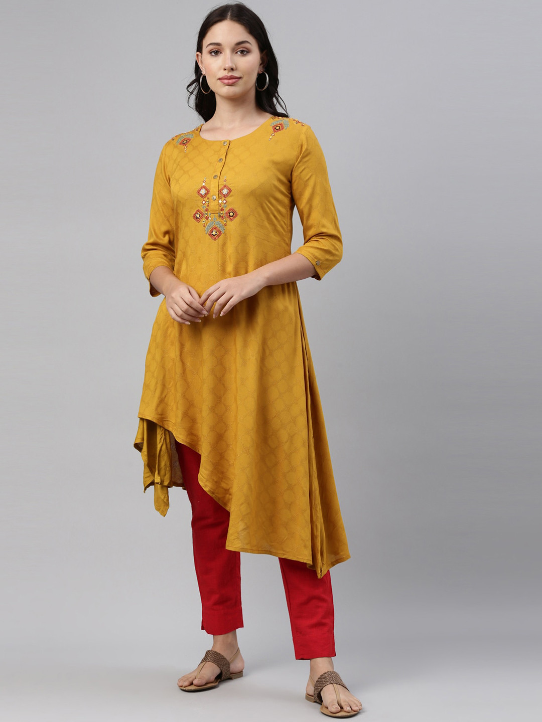 

Neerus Women Mustard Yellow & Red Embroidered Thread Work Kurta