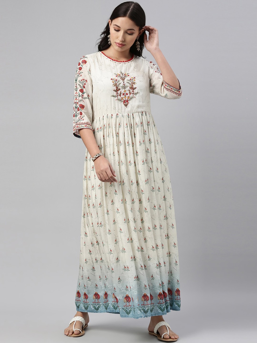 

Neerus Women Off White & Red Floral Printed Thread Work Anarkali Kurta