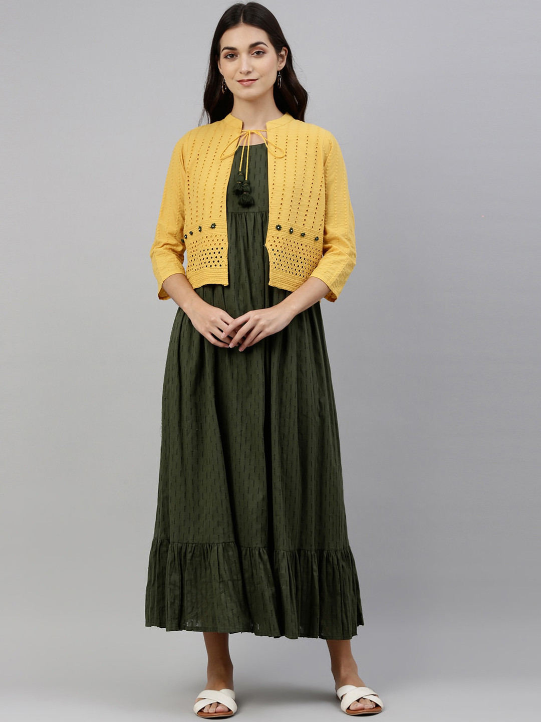 

Neerus Women Olive Green & Yellow Self Design Anarkali Kurta With Overcoat