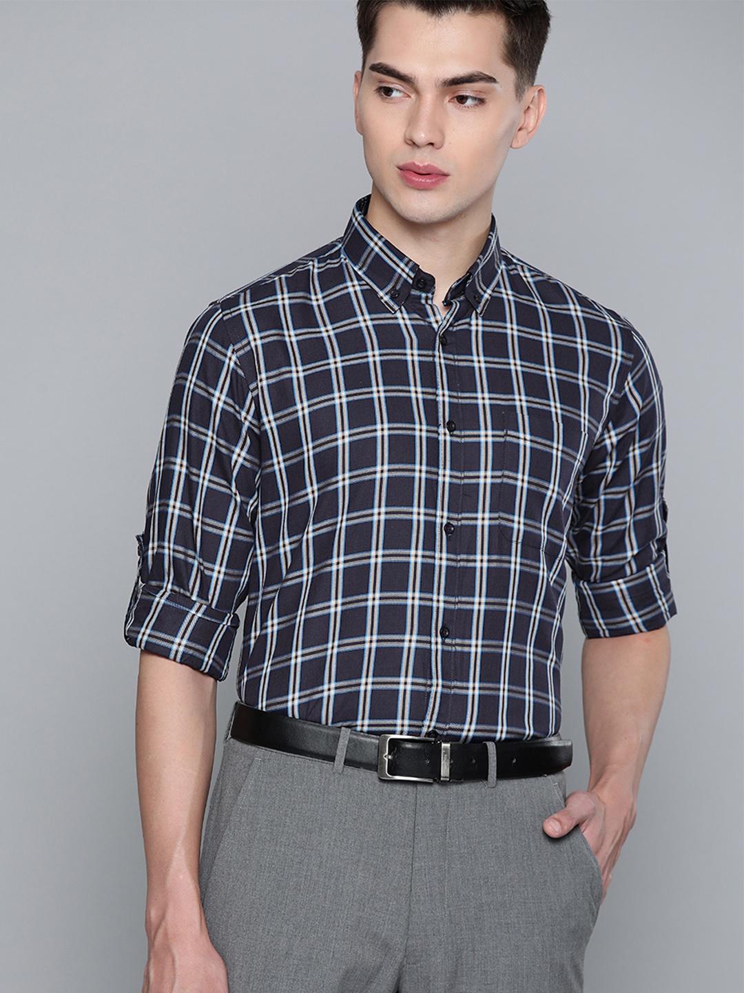 

DENNISON Men Navy Blue Smart Slim Fit Opaque Checked Formal Shirt