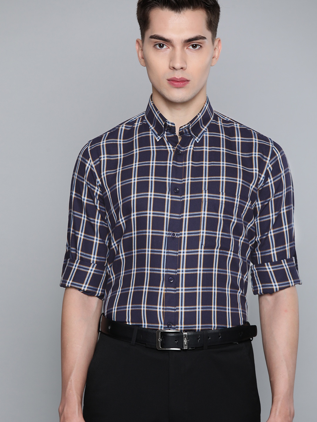 

DENNISON Men Navy Blue Smart Slim Fit Opaque Checked Formal Shirt