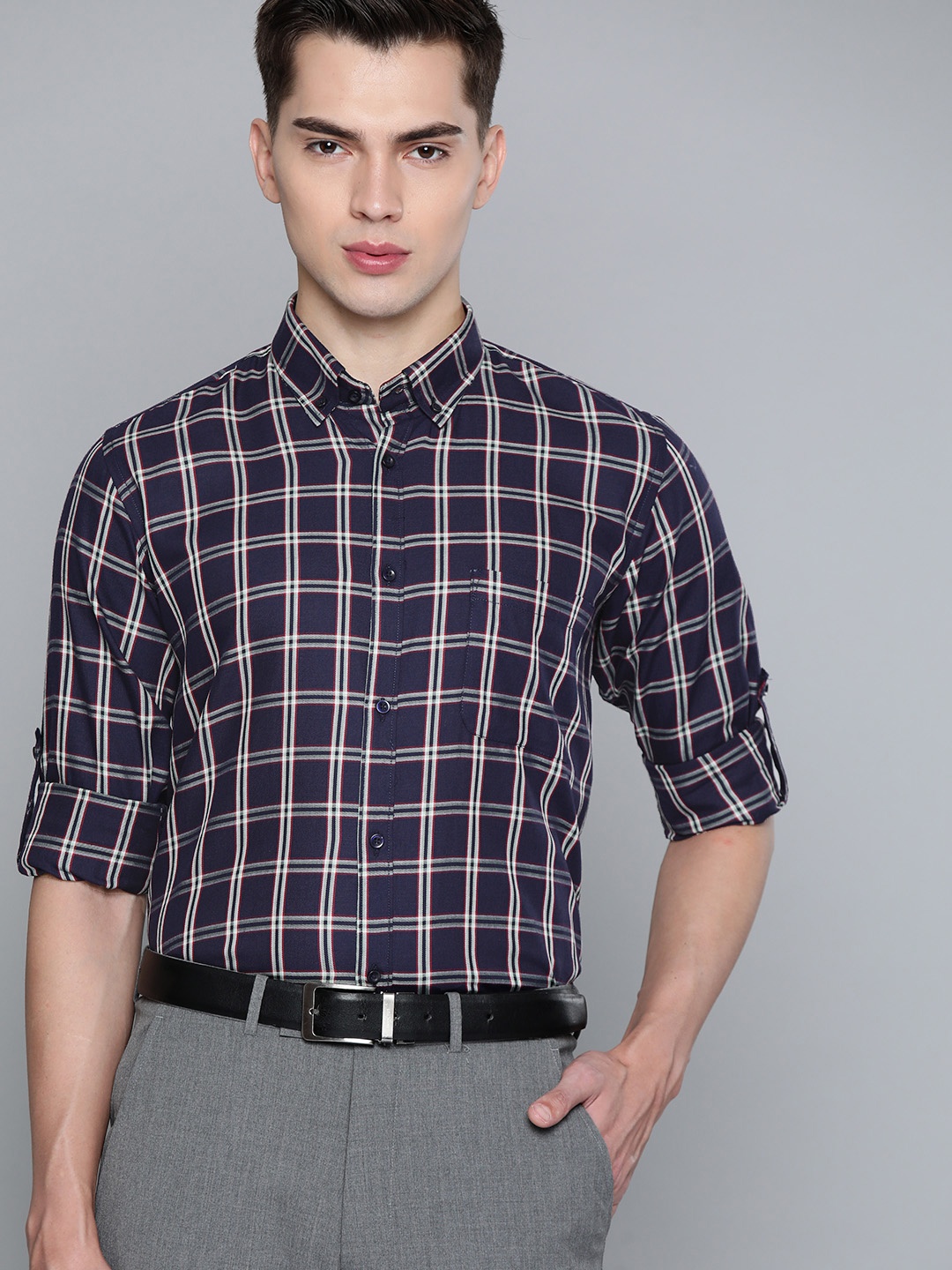 

DENNISON Men Navy Blue Smart Slim Fit Opaque Checked Formal Shirt