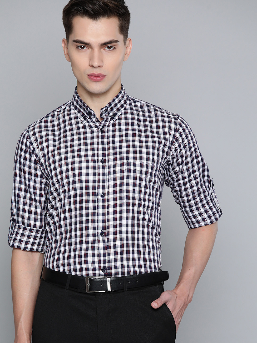 

DENNISON Men White Smart Slim Fit Gingham Checks Opaque Checked Formal Shirt