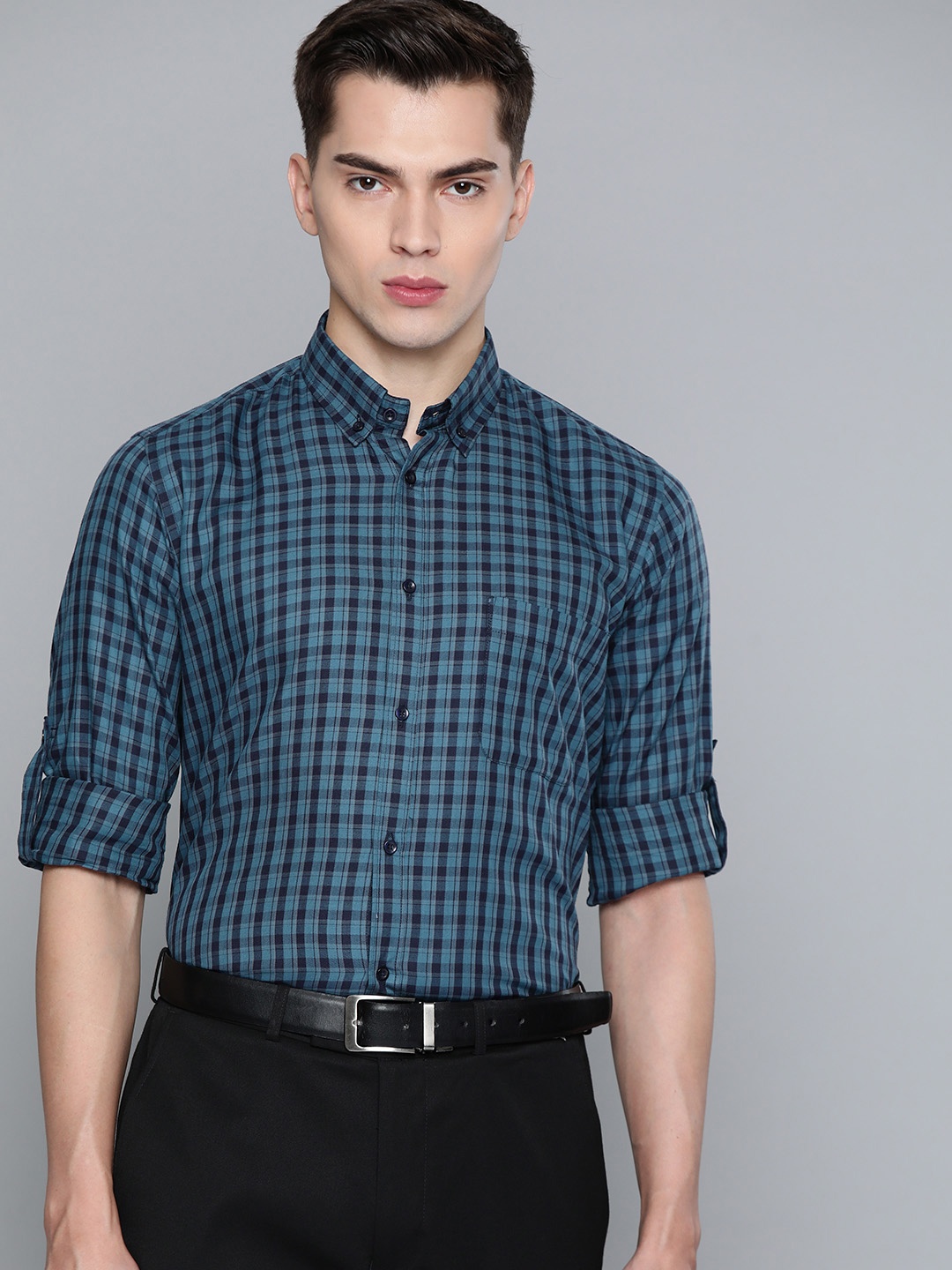 

DENNISON Men Black Smart Slim Fit Gingham Checks Opaque Checked Formal Shirt