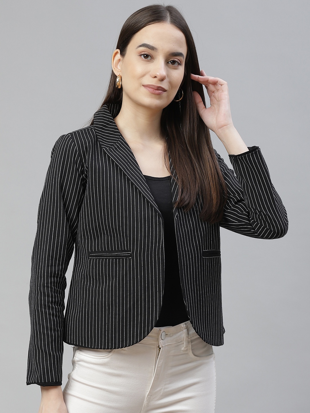 

Cottinfab Women Black & White Striped Open Front Blazer