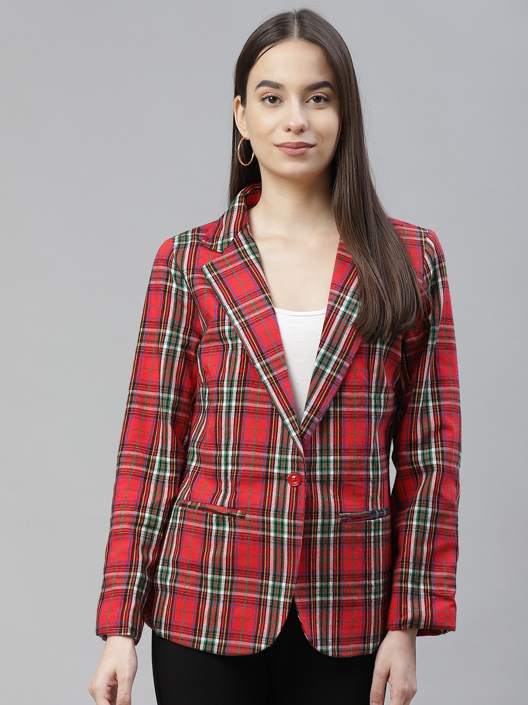 

Cottinfab Women Red & Green Checked Single- Breasted Blazer
