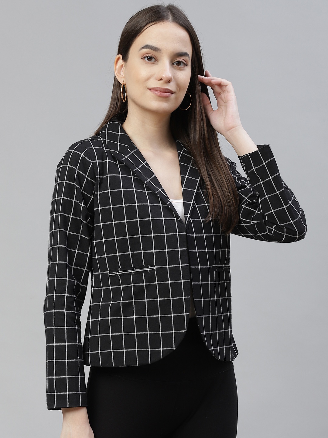 

Cottinfab Women Black & White Checked Open Front Blazer