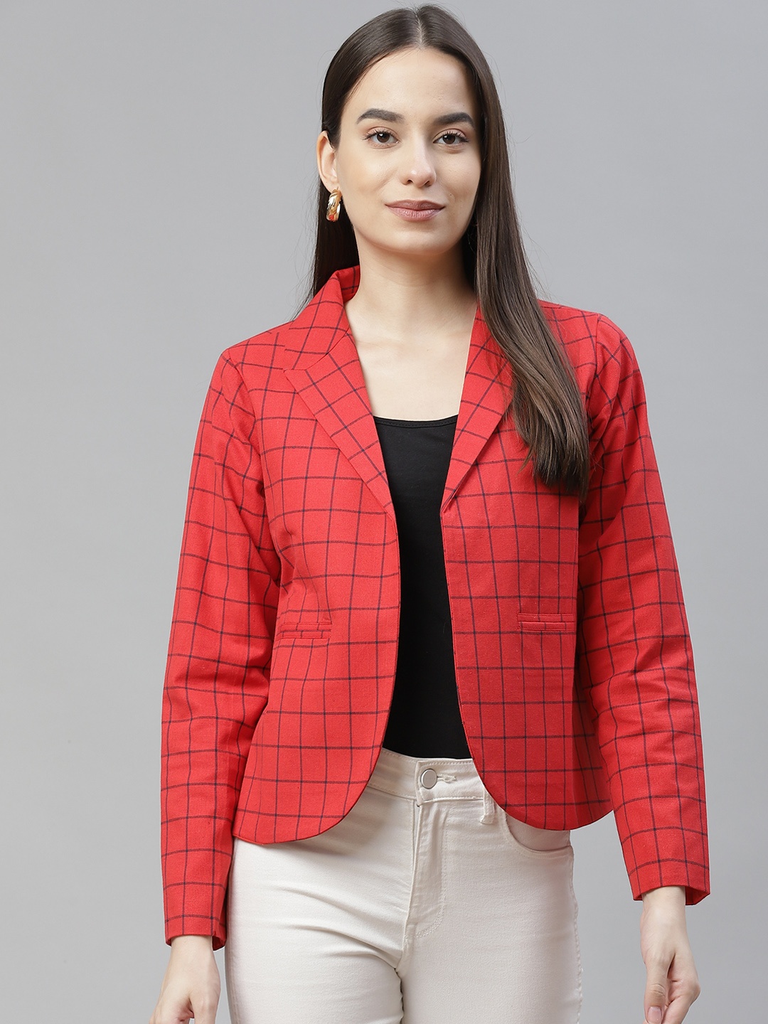

Cottinfab Women Red & Navy Blue Checked Open Front Blazer