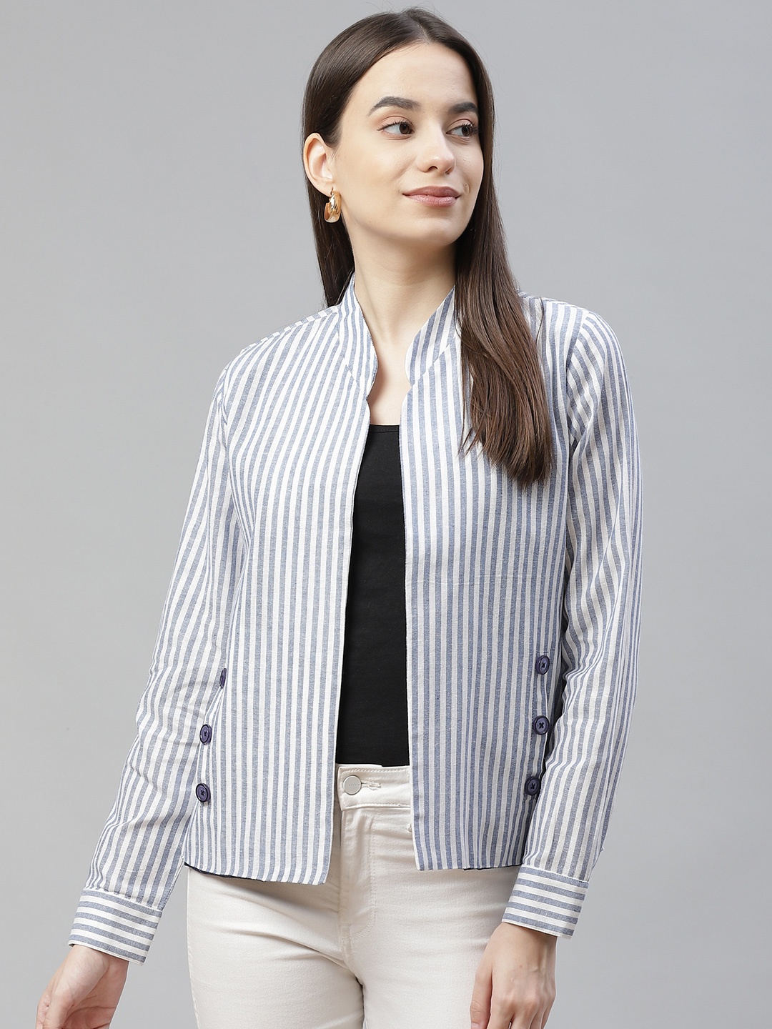 

Cottinfab Women White & Blue Striped Lightweight Open Front Jacket